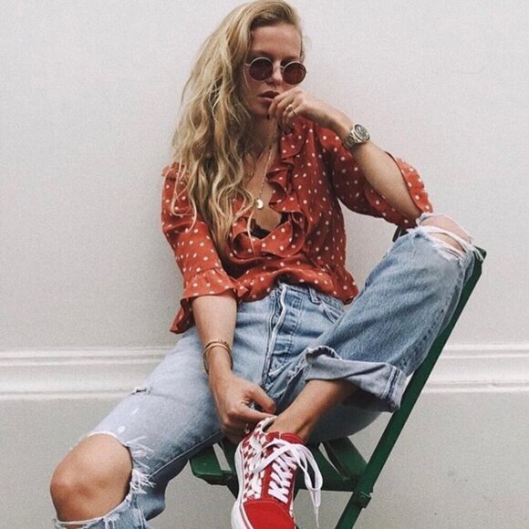 💕REALISATION PAR💕 Cher Top ~ 100% Silk Rust Spot Polka Dot Print Small - Picture 2 of 16